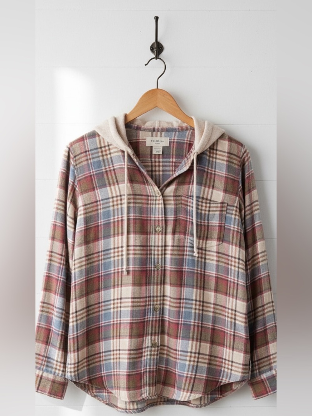 American Eagle Brown Flannel Plaid Hoodie High Low Shirt Top Size M
